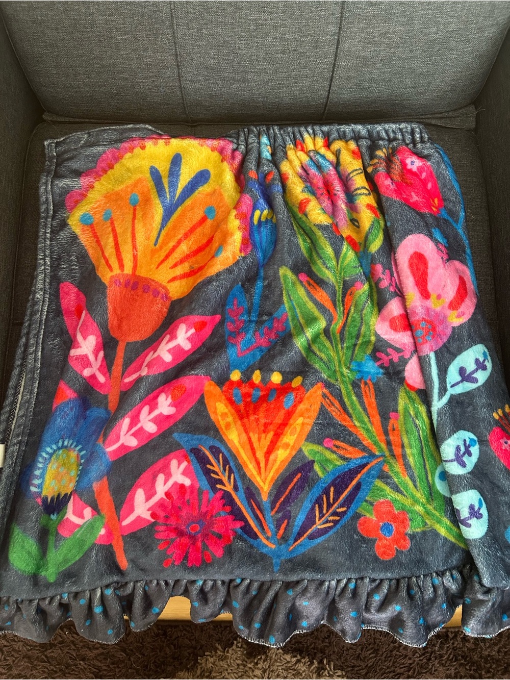 Natural Life Embroidered Floral Dark Blue Towel Wrap with Ruffle - Navy - Picture 2 of 4
